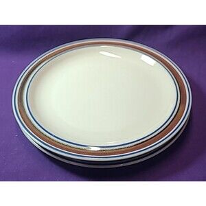 2 Salem Stoneware GEORGETOWN Blue Brown Bands Rings Salad Dessert Plate 8-1/8"